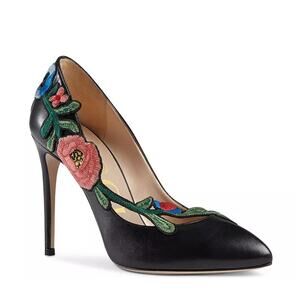 Gucci Ophelia Embroidered Heel Pumps Black 38